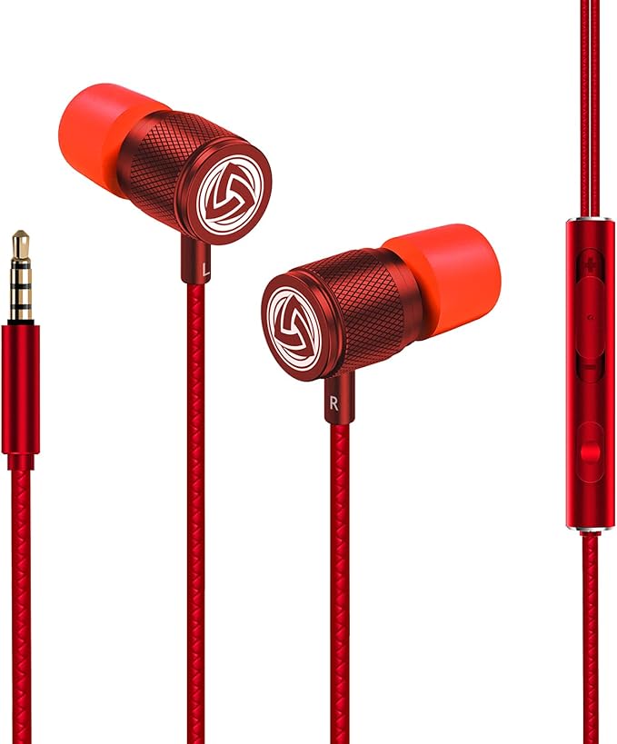 LUDOS Ultra Wired Earbuds in-Ear Headphones, 5 Years Warranty, Earphones with Microphone, Noise Isolating Ear Buds, Memory Foam for iPhone, Samsung, School Students, Kids, Women, Small Ears - Red