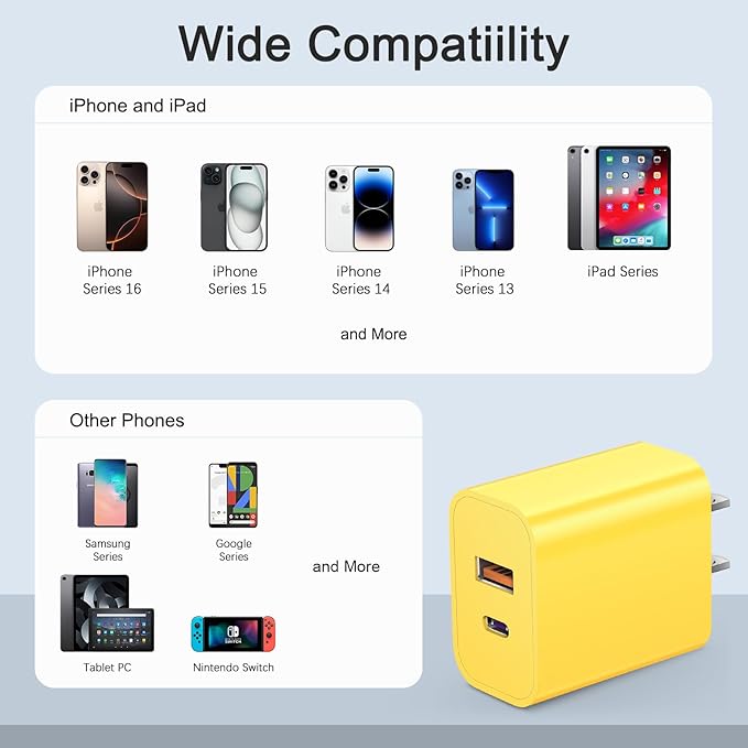 [4 Pack] USB C Charger Block Charging Block Type C Charger 20W Wall Chargers for iPhone Air/17/17 Plus/17 Pro/17 Pro Max/16/16 Plus/16 Pro/16 Pro Max/15/15 Pro/15 Pro Max/14/13/12 Pro/Samsung(Yellow)