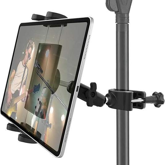 Aluminum Tablet Holder for Microphone Stand/Mic Music Mount Stand [Without Slipping] 360° Rotation Adjustable iPad iPhone Holder Mount for Microphone with Clamp, Fits 4''–13" Tablets & Smartphones