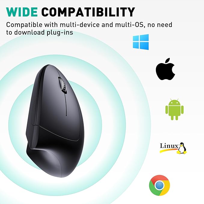 Bluetooth and 2.4G (2-in-1) Rechargeable Wireless Mouse, Ergonomic Vertical Design, 1000/1200/1600 DPI, 6 Silent Buttons, for Laptop, Computer, PC, MacBook, Chromebook-Black