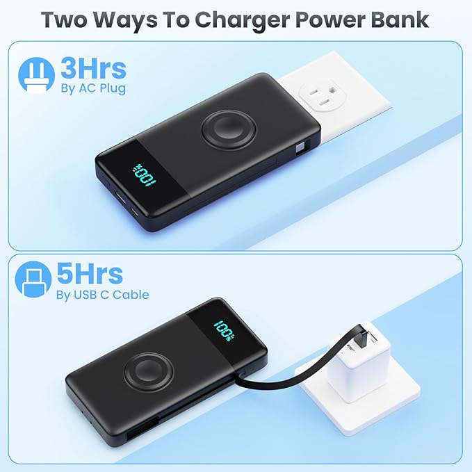 Portable Charger for iPhone with Built in Cables & Wall Plug,6-in-1 10800mah Power Bank With iWatch Charger,QC4.0+25W PD Fast Charging LCD Display Battery Pack for iPhone 16/15/14,Android,Apple Watch