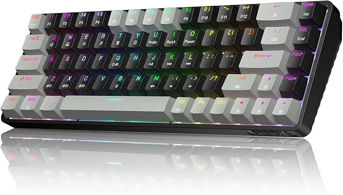 DIERYA DK68 60% Wireless Mechanical Gaming Keyboard, 3 Modes Bluetooth/2.4G/USB-C with Clicky Blue Switch, RGB Backlit, Anti-Ghosting, 68-Key Compact mini Keyboard for Windows/macOS/Linux- Grey/Black