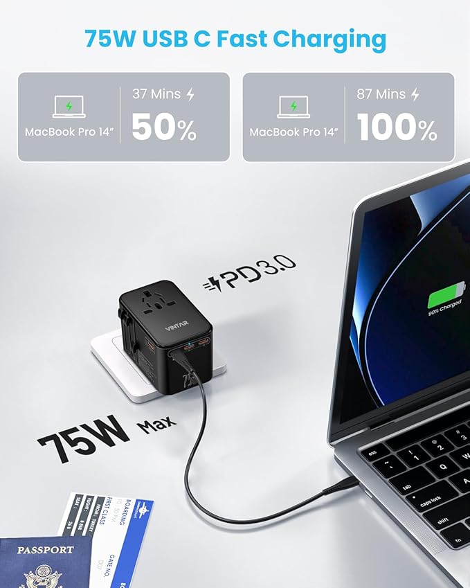 Universal Travel Adapter, VINTAR 75W GaN International Power Adapter with 3 USB C PD and 2 USB A QC, All in One Travel Essentials for UK/EU/USA/AUS, Travel Adapter Worldwide for Laptops Phones, Black