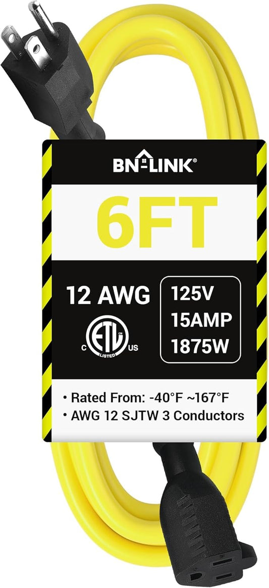BN-LINK 6ft Outdoor Extension Cord, 12/3 SJTW Heavy Duty Power Cord, 3-Prong Grounded Plug, Weather Resistant, 15A, 1875W, Yellow, for Lawn, Garden, Appliances, ETL Listed