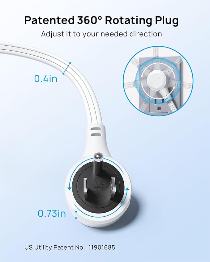 TROND Flat Extension Cord 15ft with 360° Rotating Plug, Low Profile Small Power Strip, 3 Prong Grounded Outlets Cube, 13A, SPT 16/3 AWG Cable, for Indoor Home Office Kitchen Cruise Essentials, White