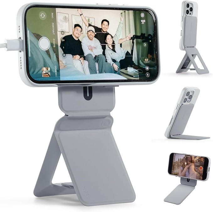 MOFT Phone Tripod Stand Selfie Stick for iPhone, Multi-Angles iPhone Stand, Lightweight & Portable Phone Holder, Strong Magnets, MOVAS Vegan Leather, Travel Essentials, Cement (Without Card Slot)