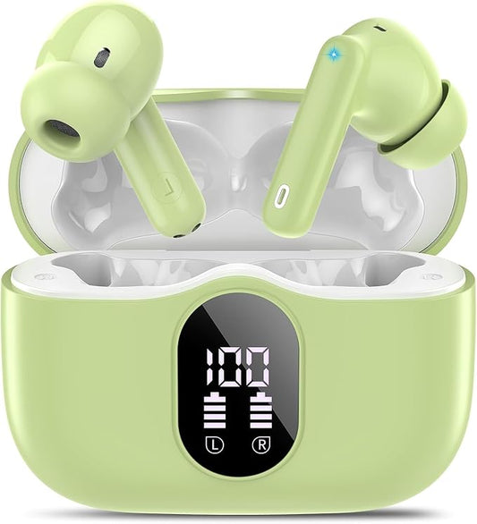 Wireless Earbuds, Bluetooth 5.4 Headphones Bass Stereo, Ear Buds with Noise Cancelling Mic, LED Display in Ear Earphones Clear Calls, IP7 Waterproof Bluetooth Earbuds for Laptop/Phones, Grass Green