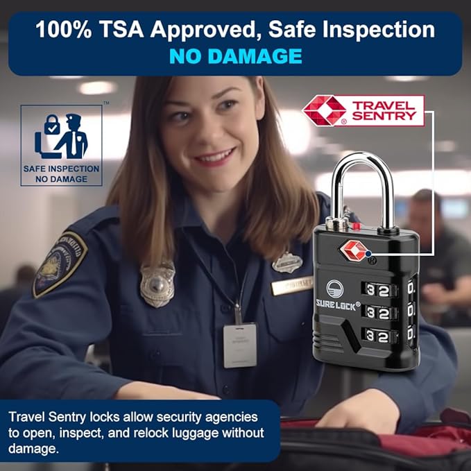 SURE LOCK TSA Locks for Luggage, TSA Approved Luggage Locks with Open Alert, 008 Key for High Security, Easy Read Dials, Zinc Alloy Body, Locker Lock for Suitcase, Gym, Travel. (Black 2 pk)