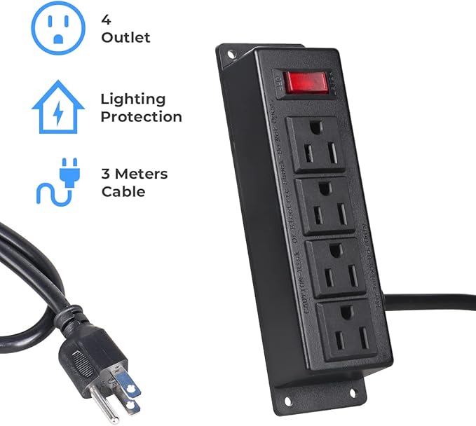 Mountable Power Strip with 4 Outlet, Wall Mount Under Desk Power Strip with 10ft Cord, Flat Plug Power Socket for Home, Office, Industrial, Black