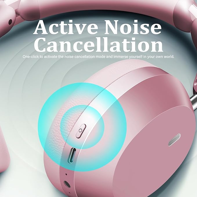Wentronic Y04 Bluetooth Headphones Active Noise Cancelling Wireless Over Ear Headsets 48 Hours Playtime High Sound Quality Foldable Earphones with Soft Ear Cushion for Travel - Pink