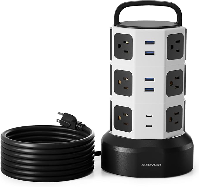 Power Strip Tower Surge Protector, JACKYLED 1625W 13A Outlet Surge Electric Tower, 12 Outlets 6 USB Ports Charging Station with 16AWG 15ft Heavy Duty Extension Cord for Home Office Dorm