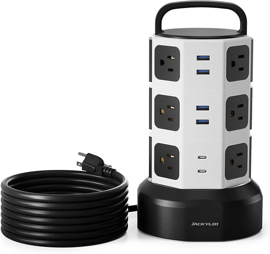 Power Strip Tower Surge Protector, JACKYLED 1625W 13A Outlet Surge Electric Tower, 12 Outlets 6 USB Ports Charging Station with 16AWG 15ft Heavy Duty Extension Cord for Home Office Dorm