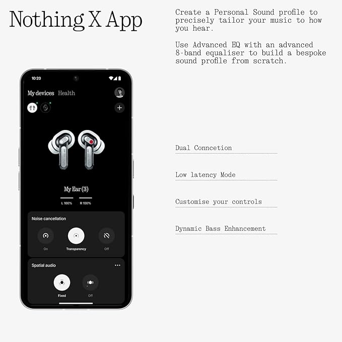 Nothing Ear (3) Wireless Earbuds Super Mic 45dB Hybrid Active Noise Cancelling Bluetooth Headphones Hi-Res 6 Mics, 12mm Dynamic Bass Boost, Dual Connect ANC Sport Ear Buds for iPhone Android, White