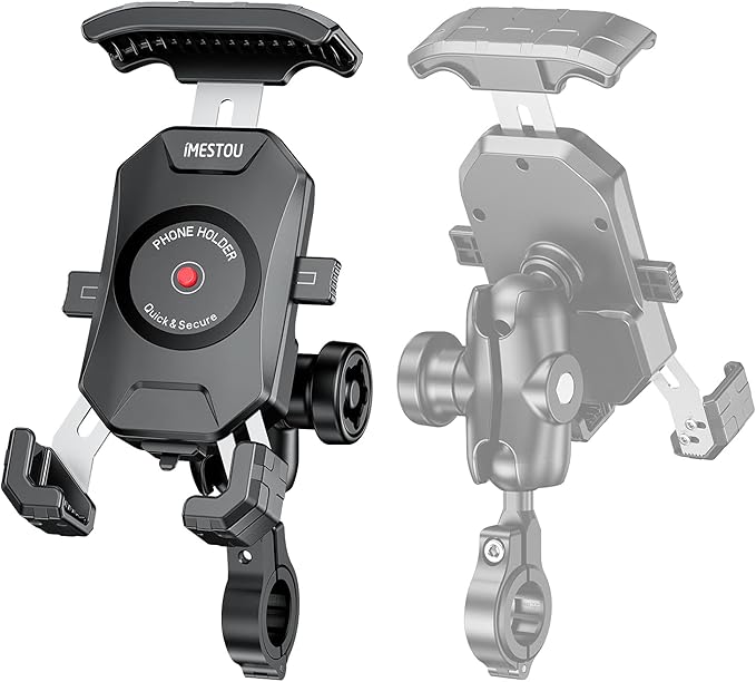 iMESTOU Anti-Theft Motorcycle Phone Mount Bike 1 Ball Phone Holder Handlebar Double Socket Arm Cellphone Holder with Aluminum 1" Ball Base 360 Rotation Universal for 4.0-7.0 Inch Smartphones