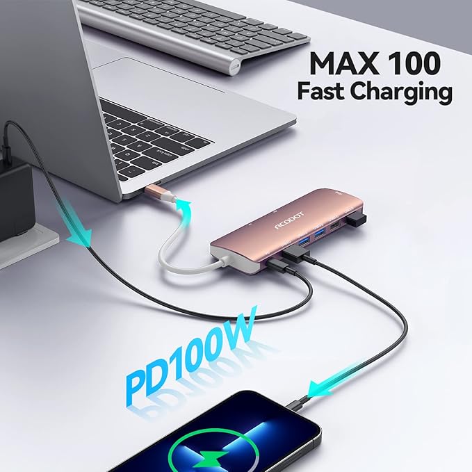 Acodot 9 in 1 USB C to 4K@60HZ HDMI Multiport Adapter, 3 USB 3.0 Ports, SD/TF Card Reader, 100W PD, Designed for MacBook Pro Air HP XPS etc, Rose Gold