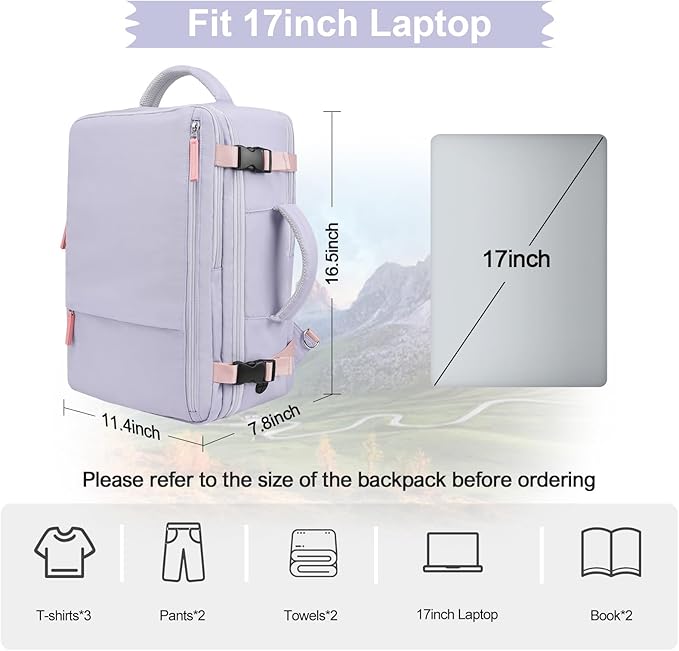 Hanples Large Travel Backpack for Women as Person Item Flight Approved, Waterproof 35L Carry On Backpack, 17 Inch Laptop Backpack for Business Bag with 2 Toiletry Bags (Gray Purple)