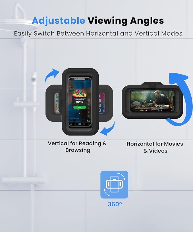 URROY Shower Phone Holder Waterproof One-Touch Open Shower Phone Case Anti-Fog & Sensitive Touchscreen Bathroom Wall Phone Mount Stand Universal Fit for iPhone & Smartphones Gift for Men Women Black