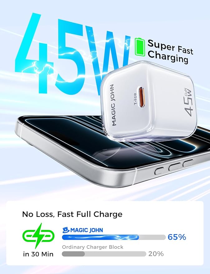 MAGIC JOHN 45W USB C Charger Block, Ultra-Fast Charging for iPhone 15/16/17 & More, Compatible with iPhone, iPad, Samsung, and Other USB C Devices White