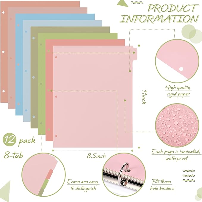 Honoson 12 Sets 8 Tab Dividers for 3 Ring Binders Plastic File 8.5 x 11 Inch Paper Multicolor Page Binder Index Dividers for School Office