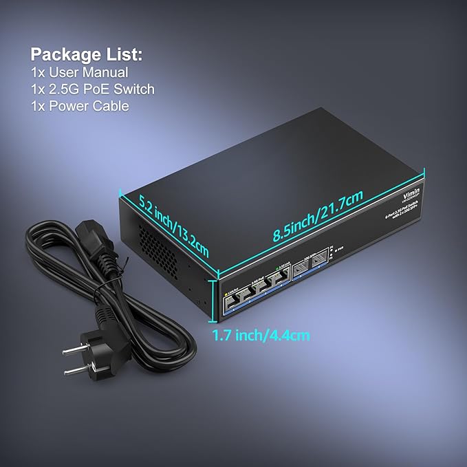 6-Port 2.5G PoE Switch Unmanaged, 4X 2.5GBase-T PoE Ports, 2X 10Gbps SFP, 4 Port PoE Switch 60Gbps Switching Capacity, Support IEEE802.3af/at, Metal Housing, Fanless, Desktop/Wall Mount 2.5Gbe Switch