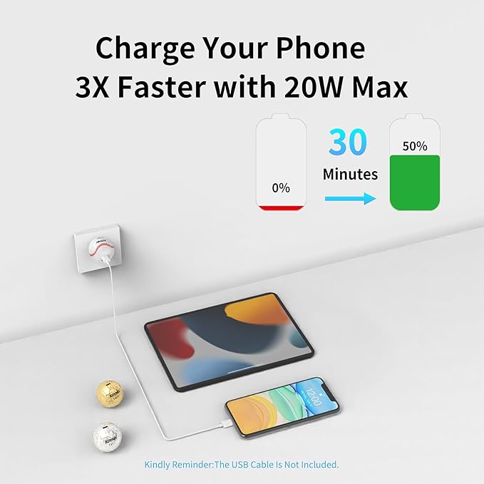 USB C Charger Block 20W，Creative Golf Ball Type C Wall Charger，GaN III Power Adapter with UL Certified，Fast Charging for iPhone 16/15 Series, Galaxy, Google Pixel,iPad,AirPods