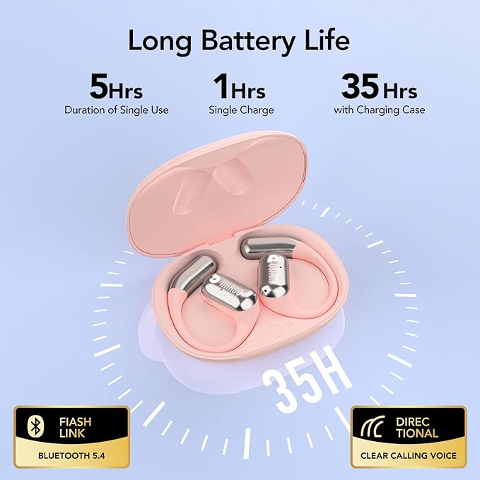 MFish Open-Ear Headphones, Open-Ear-Earbuds Wireless Bluetooth, Waterproof Bone Conduction Over-The-Ear Headphones, Impactful Sound with Adaptive Bass Boost, Comfortable Fit Running Headphones, Pink