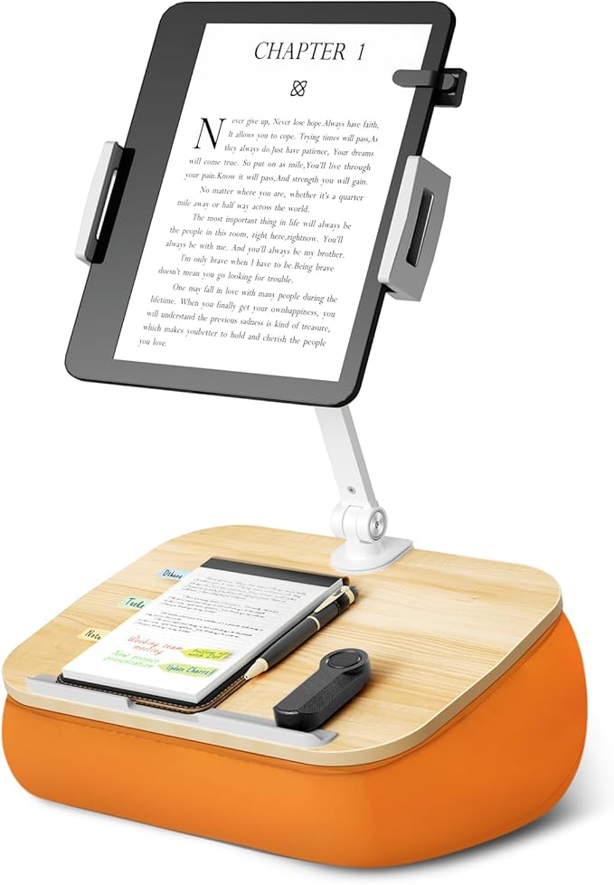 Lap Beanbag Cozy Kindle Pillow Stand for Bed with Adjustable Arm, 360° Tablet Holder, Fits 4.7"-13" Kindle, iPad, Phone, Lap Desk for Hands Free Reading in Bed, Couch, Sofa,Orange