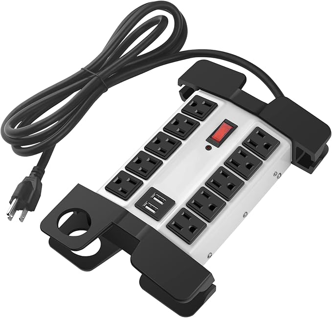 CCCEI Heavy Duty Power Strip with USB Ports, Garage 10 Outlets Surge Protector 2700 Joules, Industrial Workshop Metal 15Amp Multiple Outlets, 25 FT Extension Cord and Wide Spaced Grey
