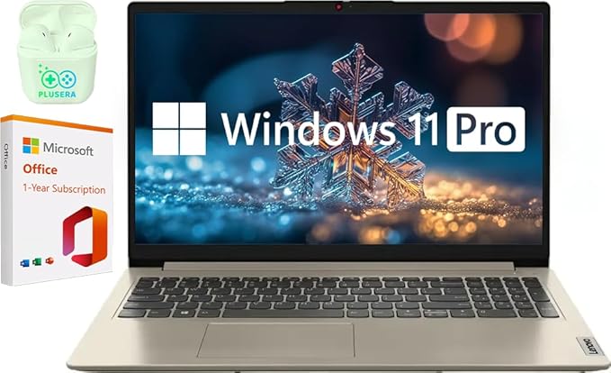 Lenovo IdeaPad 15.6" Laptop, Windows 11 Pro with 1-Year Microsoft Office 365 Included, Intel Celeron N4500, PLUSERA Earphones (Sand, 20GB RAM | 1.6TB Storage)