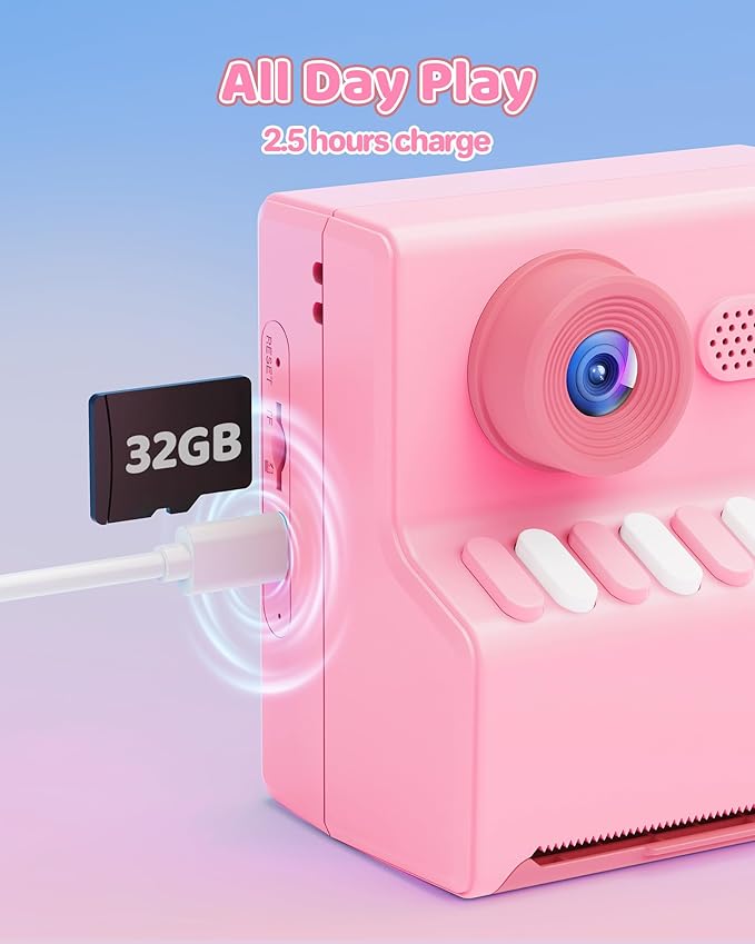 Kids Camera Instant Print Pink: HODDRCCN Instant Print Camera for Kids - Christmas & Birthday Gift for Boys and Girls Ages 3-12 - Includes 32G SD Card & Portable Lanyard & 3 Rolls Printing Paper