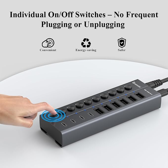 Powered USB Hub, 10-Port USB C Hub with 6 USB-A 3.2, 4 USB-C 3.2 Ports, Individual Switches and 12V/5A Power Adapter, Aluminum USB Extension for MacBook, Laptop/PC and More.