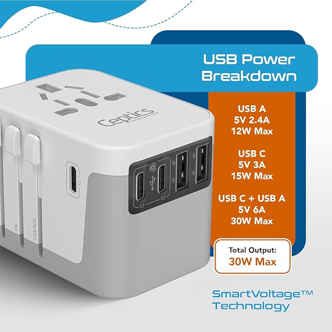 Ceptics 6 in 1 Universal Travel Adapter, Universal Outlet w/ 2X USB-A and 3X USB-C 6A, Travel Power Adapter for use in EU, UK, US, AU and More, Universal Plug for Mobiles, Laptops- UP-30KU-WH