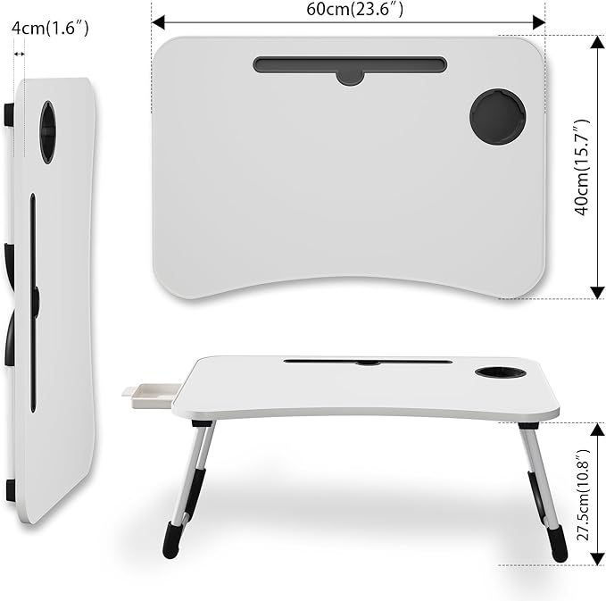 Lap Desk Bed Trays for Eating and Laptops Breakfast in Bed Tray for Sofa/Couch/Study/Reading/Writing with Cup Holder/Drawer On Low Sitting Floor Large Portable Foldable (White)