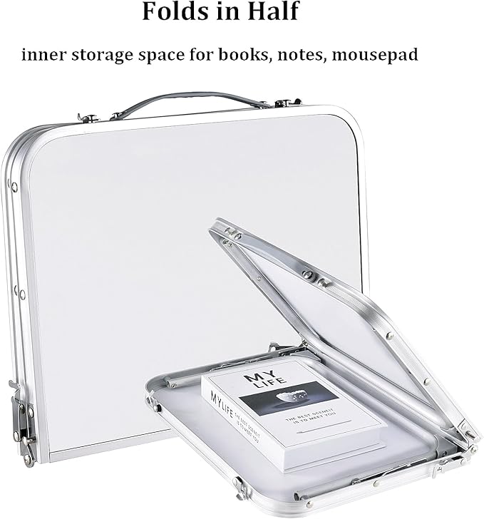 CHEERWELL Foldable Laptop Desk, Bed Table for Study & Reading, Breakfast Tray, Portable Mini Picnic Table, Folds in Half with Inner Storage Space (Grey)