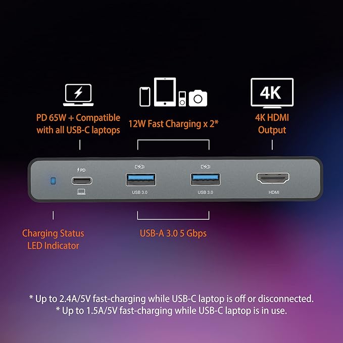 j5create USB-C Travel Hub with PD 65W Power Supply - for Travel or Business Trip - Charging Adapter Hub with 4K HDMI, USB-A x 2 - for MacBook Air/Pro 13, Surface Pro, and USB-C Laptop (JCDP392)