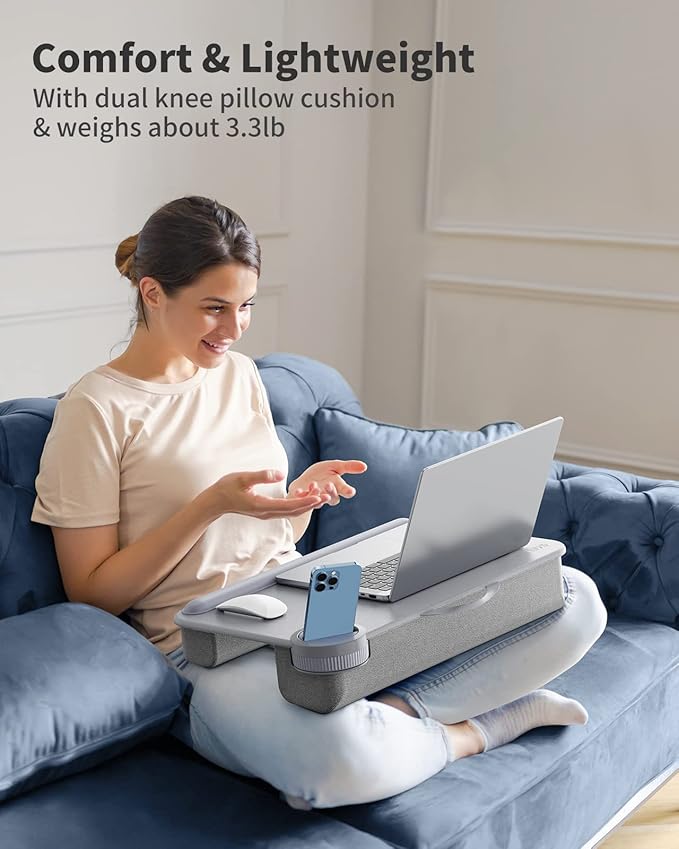 SAIJI Laptop Lap Desk for Bed—Fits Up to 17" Laptops & MacBook,Lightweight Tray Table with Soft Leather Wrist Pad,Sturdy Phone/Tablet Holder, Laptop Stand with Cushion for Home Office/Gaming On Couch