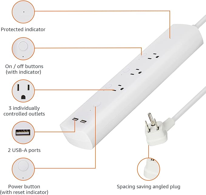 Amazon Basics Smart Plug Power Strip with 3 Individually Controlled Outlets and 2 USB-A Ports, Works with Alexa Only, 2.4 GHz Wi-Fi, No Hub Required, White