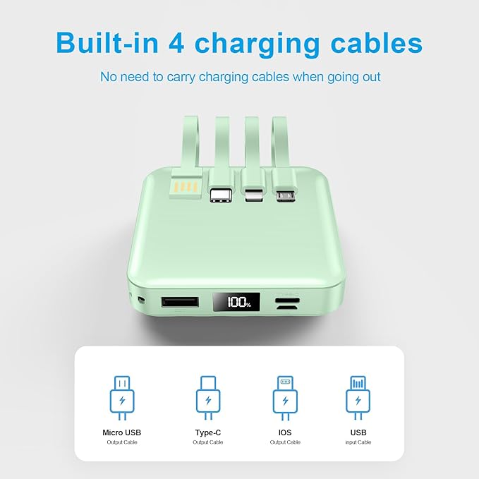 Portable Charger with Built-in Cable,12000mAh 22.5W Fast Charging Small Power Bank,USB C Input/Output with Smart LED Display,External Battery Pack for iPhone,Tablet,Samsung