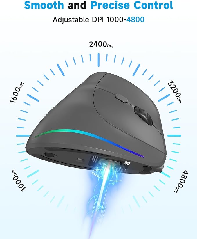 AOC 2.4GHz Ergonomic Mouse, Wireless Bluetooth Vertical Mouse for Work, 4800 DPI Optical Tracking, 5 Adjustable DPI, Quiet Clicks, RGB Light, Compatible with Computer, Laptop, PC, Mac, Desktop - Gray