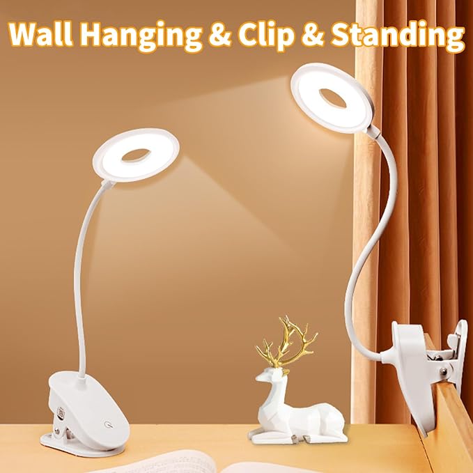 Desk Lamp Clip on Reading Light, Portable Rechargeable Desk Light Mini Clip Lamp, Dorm Room Essential Clip on Light Wall-Mounted, Bedside Lamp with Clamp, Rechargeable Reading Lights for Dorm Makeup