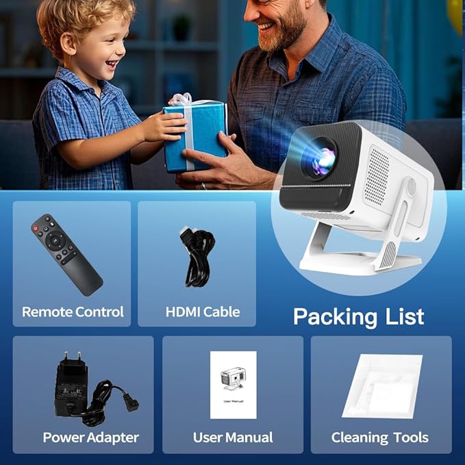 Mini Projector 1080P 4K Support with WiFi 6 and Bluetooth 5.4 Built-in Apps TV Android 11 Auto Keystone Outdoor Portable Projector Compatible with iOS/HDMI/TV Stick VisualCube 300