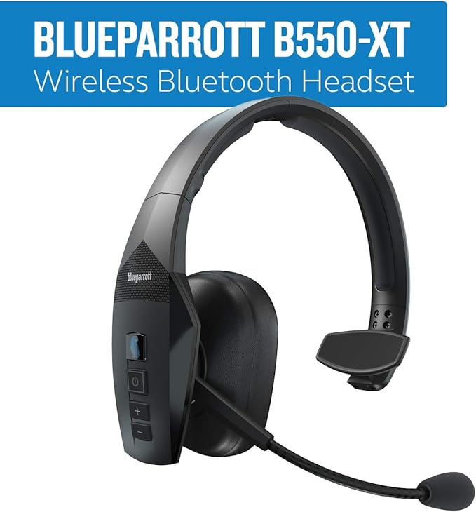 BlueParrott B550-XT Mono Bluetooth Wireless Headphones 96% Noise Canceling Over Head Trucker Headset with Mic, 100% Voice Control, IP54-Rated Protection, 24 hrs. Talk Time, Black