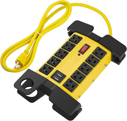 CCCEI Heavy Duty Power Strip with USB Ports, Garage 10 Outlets Surge Protector 2700 Joules, Industrial Workshop Metal 15Amp Multiple Outlets, 10 FT Extension Cord and Wide Spaced Yellow.