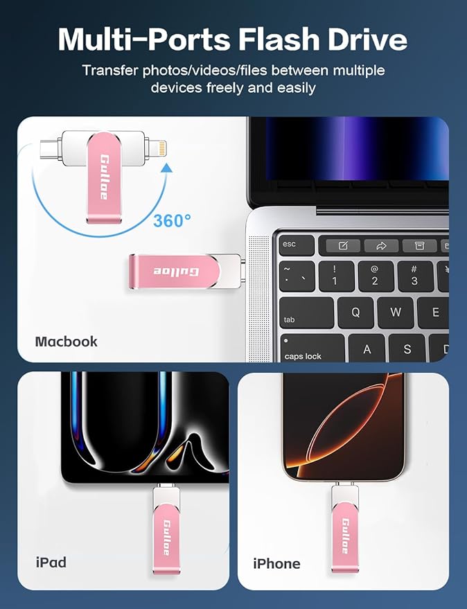 Gulloe 256GB Flash Drive Intended for iPhone, Memory Stick Storage for Photos and Videos Backup, Compatible with iPhone iPad Android PC, Plug and Play, No Application Required (Pink)