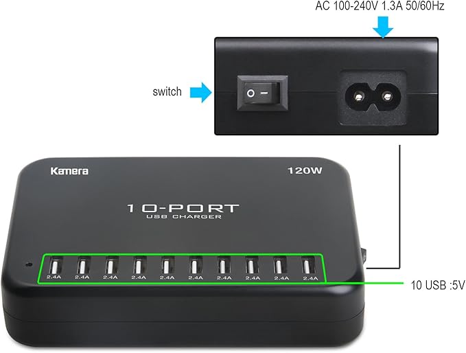 USB Charger 10-Port 120W, Multi-Port USB Charging Hub 24A Desktop Power Station for iPhone X/8/7/6S/6 Plus/5S, Ipad Pro/Air2/ Mini, Galaxy S9/S8/S6 Edge