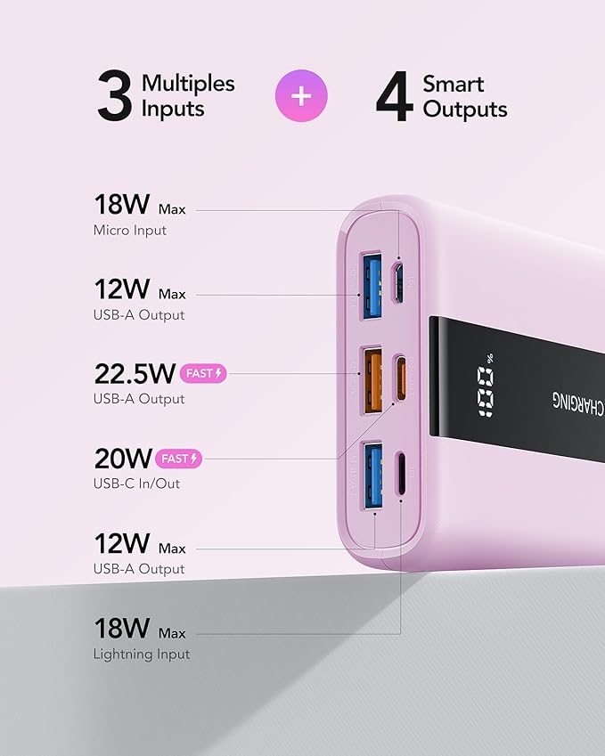 VRURC Power Bank,20000mAh Portable Charger Fast Charging,Compact Travel Essentail,4 Outputs 3 Inputs Battery Pack USB C for iPhone Series,Samsung,Android-Purple