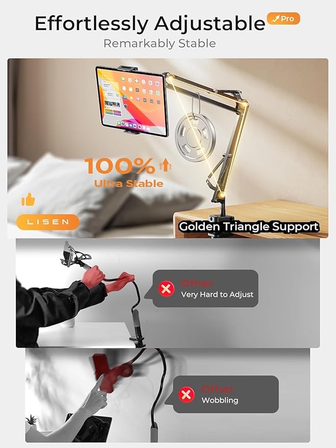 LISEN Tablet Stand Phone Holder iPad Holder for Desk Mount[Ultra Sturdy] 2 Clamps Kindle Holder for Bed Gooseneck Phone Tablet Holder Mount Phone Stand fits iPhone iPad Mini 7 Kindle 4-13" Device