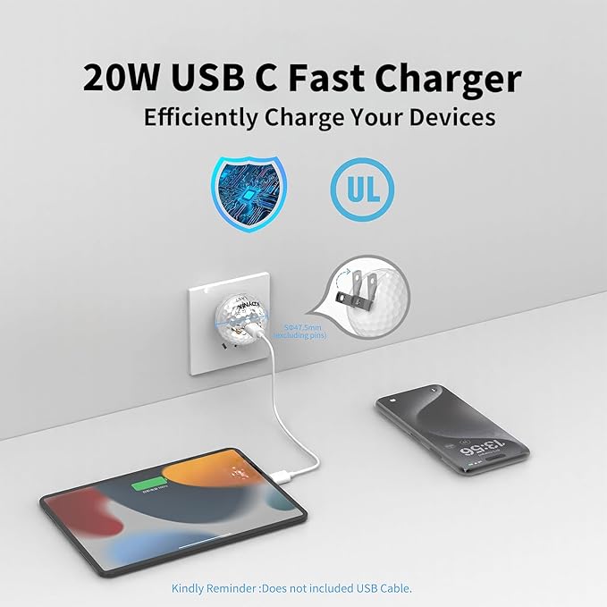 USB C Charger Block 20W，Creative Golf Ball Type C Wall Charger，GaN III Power Adapter with UL Certified，Fast Charging for iPhone 16/15 Series, Galaxy, Google Pixel,iPad,AirPods