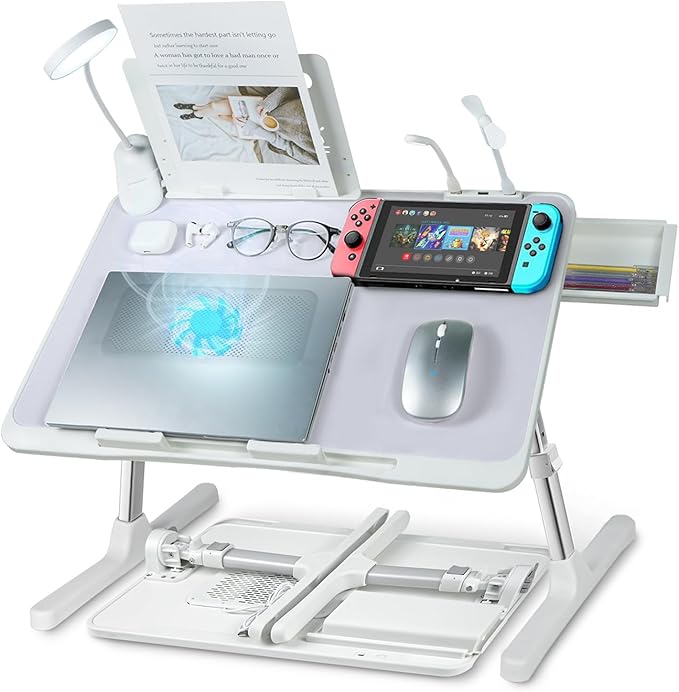 Laptop Lap Desk with Cooling Fan - Adjustable with Light, USB, Storage Drawer - Folding Bed Desk,22.04"*12.59",Grey
