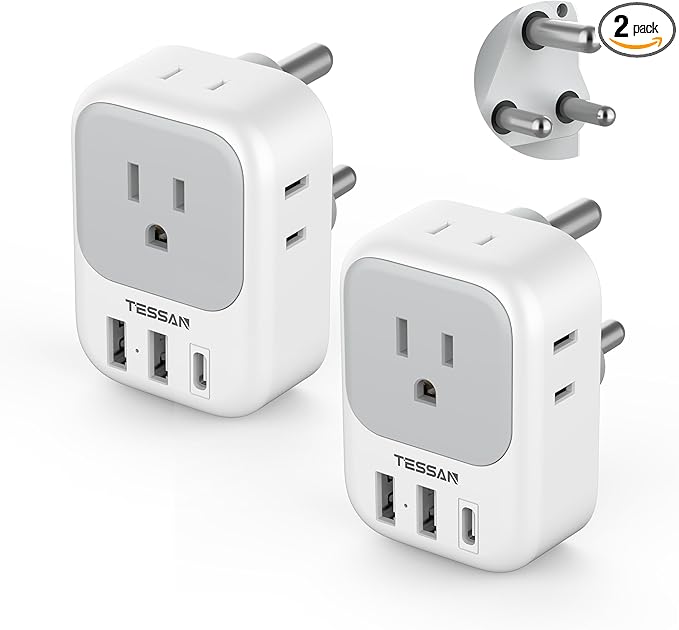 South Africa Plug Adapter 2 Pack, TESSAN Type M Power Adapter with 4 AC Outlets 3 USB Ports(1 USB C), Travel Adaptor US to Botswana Namibia Nepal Bhutan